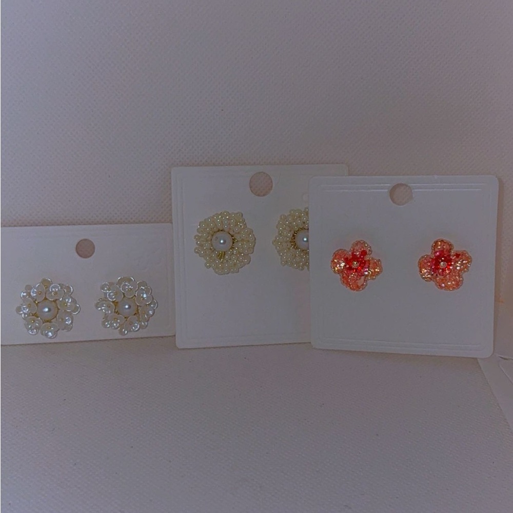 Pearl Floral Cluster Earrings Trio - White, Cream & Coral